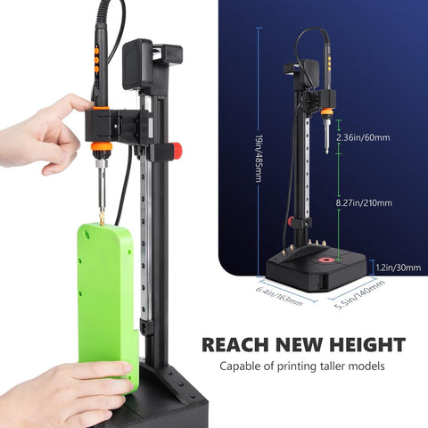 Vertical Heat Set Insert Press Tool With 90W Soldering Iron for 3D Printing, showing Pro Grade 210mm Linear Rail Slider in use.