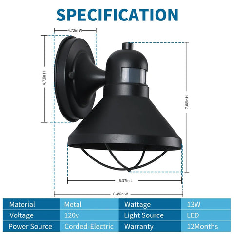 Motion Sensor Outdoor LED Porch Light With Dusk To Dawn Auto And Auto Plus Modes Weatherproof Black Barn Lantern Wall Mount Sconce For Garage Patio Balcony Or Doorway Farmhouse Exterior Lighting, shown with dimensions and specifications.