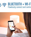 Person using app to control Smart A19 LED Bulb 60W Equivalent Tunable White And Color Changing 2.4 GHz WiFi Bluetooth No Hub Required