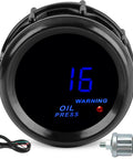 Front view of 52mm digital oil pressure gauge with blue LED readout, includes wiring harness and sensor.