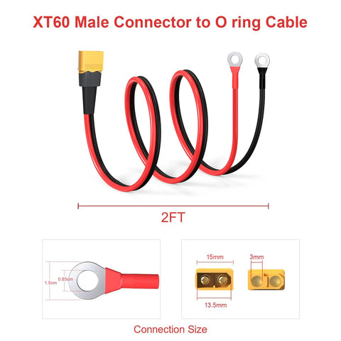 XT60 To O Ring Terminal Cable, 12AWG Tinned Copper UL2468 Wire, 2ft XT60 Male to O Ring Connector for RC Battery and Solar Panel