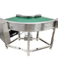 Heavy Duty Pvc Curved Conveyor Belt Makes 90 Degree Turns Without Any Sweat Electric Motor Adjustable Speed 19.6 Inch Wide Belt 400 Watt 110 Volt Stainless Steel Frame And Smooth Rollers Built Tough For Daily Grind Operations, showing industrial machine with stainless steel frame.