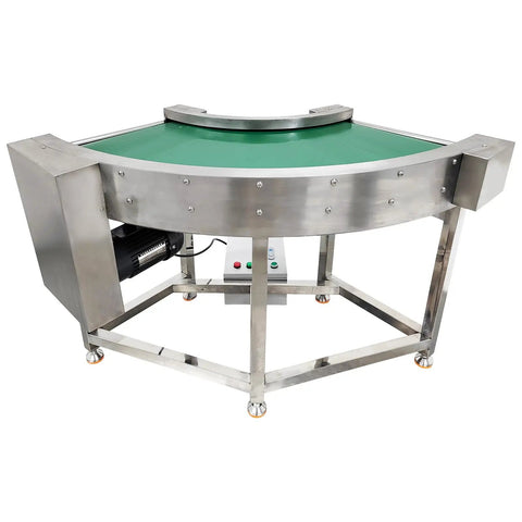 Heavy Duty Pvc Curved Conveyor Belt Makes 90 Degree Turns Without Any Sweat Electric Motor Adjustable Speed 19.6 Inch Wide Belt 400 Watt 110 Volt Stainless Steel Frame And Smooth Rollers Built Tough For Daily Grind Operations, showing industrial machine with stainless steel frame.