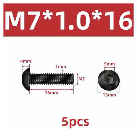 Heavy Duty ZENFORX M7x1.0 Button Head Socket Bolts dimensions shown, 5pcs pack, tough black carbon steel for heavy load use.