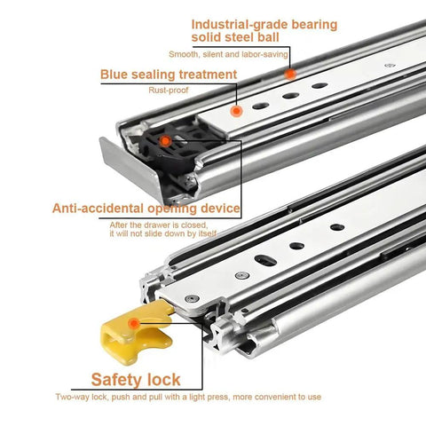 Heavy Duty Ball Bearing Drawer Slide Rails 750 Mm Smooth As Silk Side Mount Drawer Runners detailed view of safety lock and sealing treatment