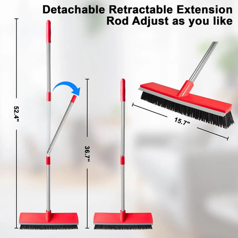 Heavy Duty 16.5 Inch Push Broom With 51 Inch Long Handle For Patio Garage Deck Tile And Concrete Floors Cleaning Comes With Dual Scrub Brush And Rubber Squeegee For Pet Hair Grime And Wet Spills