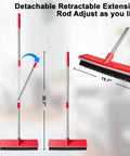 15.7 Inch Wide Floor Scrub Brush With Removable Stainless Steel Handle, extended view, showcasing size and red color