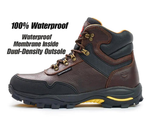 Side view of a Waterproof Steel Toe Work Boot For Men Leather Lace Up Industrial Safety Boots Built Tough With Oil And Slip Resistance.