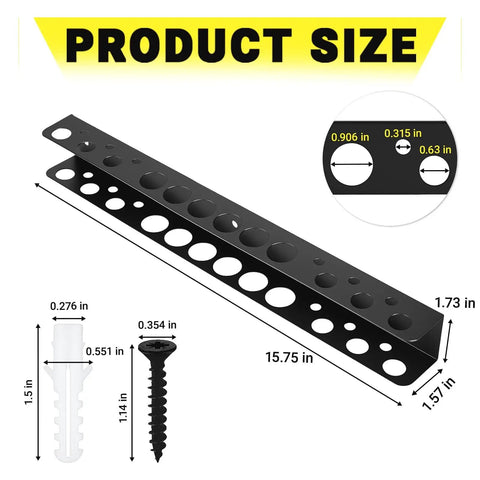 Wall Mounted Screwdriver And Pliers Organizer Rack For Garage Or Workshop, Heavy Duty Metal Tool Storage Shelf Thats A Real Space Saver, Hand Tools Organizer For Tool Chest Cart Or Workbench, Black 15.75 Inch with dimensions and screws shown