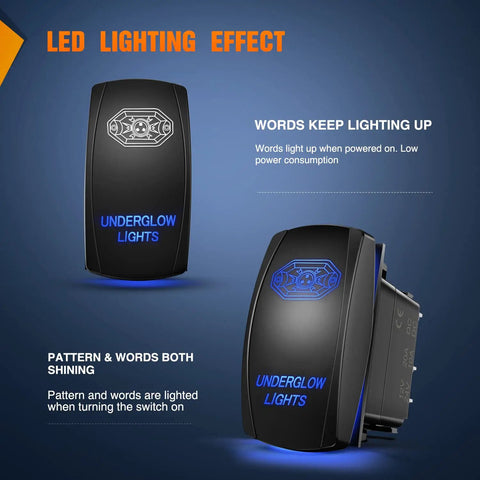 Blue 5 Pin SPST Rocker Switch For Underglow LED Lights 20A At 12V 10A At 24V Laser On Off Includes Jumper Wires No Fuss Install For Cars Trucks RVs Brighter Soft Illumination, black illuminated rocker switch