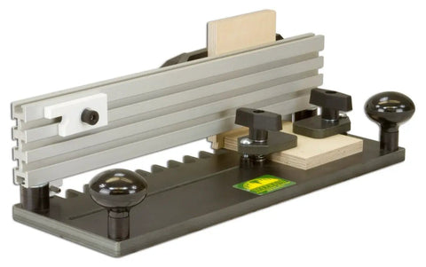 Pro Grade Half Blind Dovetail Jig For Router Table Heavy Duty Woodworking Fixture with clamp, base, and guide rails.
