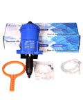 Water Powered Fertilizer Injector Dispenser Proportioner Auto Dosing Tool For Irrigation And Hydroponics, Adjustable 0.2 To 2 Percent, Handles 12 To 3000 Liters Per Hour, Temperature Range 4 C To 30 C, Controllable Dosing Device, blue unit with hoses and fitting ring