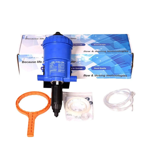 Water Powered Fertilizer Injector Dispenser Proportioner Auto Dosing Tool For Irrigation And Hydroponics, Adjustable 0.2 To 2 Percent, Handles 12 To 3000 Liters Per Hour, Temperature Range 4 C To 30 C, Controllable Dosing Device, blue unit with hoses and fitting ring