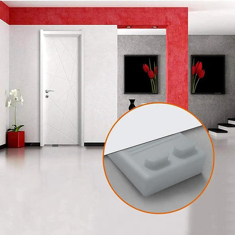 Slim Door Stopper Wedge For Bottom Of Door Non Scratch Rubber Holder in use on gray floor with a modern room background.
