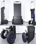 Electric Stair Climber Hand Truck With Silent Brushless Motor And Removable Battery For Warehouse Logistics Distribution showing back view and wheels for heavy load transport.