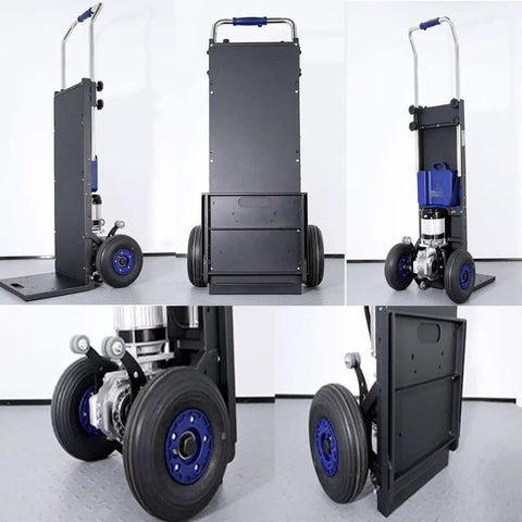 Electric Stair Climber Hand Truck With Silent Brushless Motor And Removable Battery For Warehouse Logistics Distribution showing back view and wheels for heavy load transport.