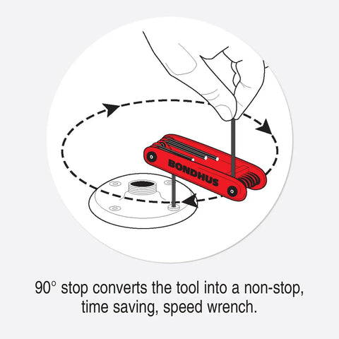 Illustration of GorillaGrip Fold Up Hex And Torx Set Triple Pack with Color Coded Handles used as a speed wrench with 90° stop.