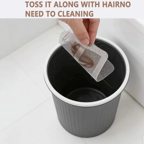 Person disposing of used Peel And Stick Shower Drain Hair Catchers 30 Pack Disposable Mesh Filters in trash bin.