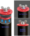 1-1/2 in mechanical end-of-pipe gripper plug, red seal disk, metal wing nut on a black pipe, quick installation.  
Close-up of red plug top with metal wing nut on 1-1/2 in gripper plug.  
Installed 1-1/2 in end-of-pipe gripper plug on pipe; red top, black body, reusable for tests.