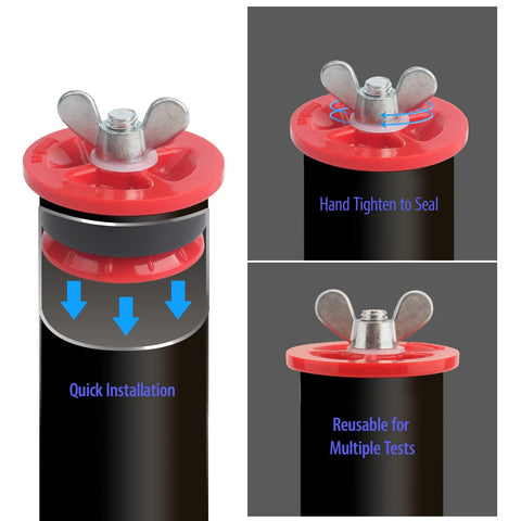 1-1/2 in mechanical end-of-pipe gripper plug, red seal disk, metal wing nut on a black pipe, quick installation.  
Close-up of red plug top with metal wing nut on 1-1/2 in gripper plug.  
Installed 1-1/2 in end-of-pipe gripper plug on pipe; red top, black body, reusable for tests.