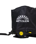 Spyker 25lb Bag Spreader With Material Viewing Window And Easy Calibration System, black waterproof bag, yellow calibration dial visible.