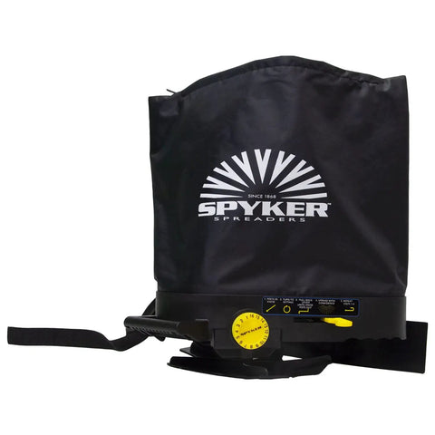Spyker 25lb Bag Spreader With Material Viewing Window And Easy Calibration System, black waterproof bag, yellow calibration dial visible.