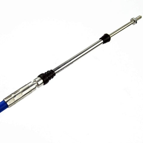 Close-up of 33C Throttle And Shift Remote Control Cable Kit for Yamaha Outboard Engine, showcasing stainless steel and blue casing.