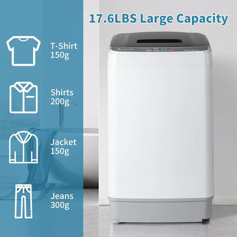 Fully Automatic Portable Washing Machine With Built In Drain Pump And Hands Free Spin Cycle, 17.6LBS capacity for efficient laundry.