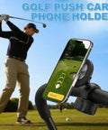 Rock Solid Magnetic Golf Push Cart Phone Holder With Heavy Duty Nailed Down N52 Mount And Sweet 360 Rotate Gps Clamp For Rough Cart Paths And Every Magsafe Phone installed on cart, showing phone with golf app.