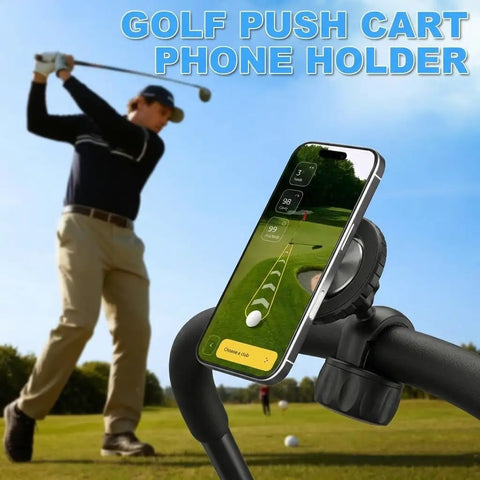 Rock Solid Magnetic Golf Push Cart Phone Holder With Heavy Duty Nailed Down N52 Mount And Sweet 360 Rotate Gps Clamp For Rough Cart Paths And Every Magsafe Phone installed on cart, showing phone with golf app.