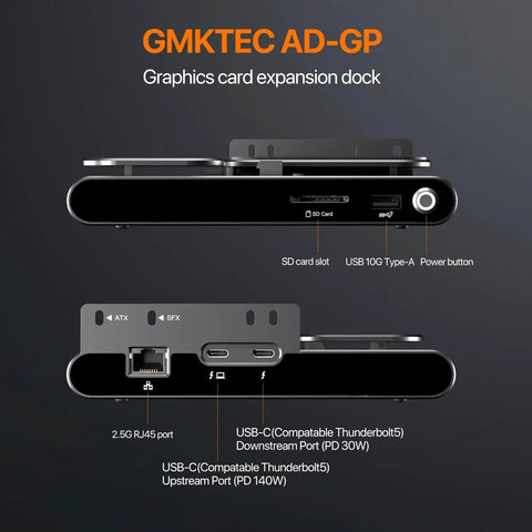 Plug And Play Slick External Gpu Dock Station With Thunderbolt 5 Cable And Atx Sfx Power Support For High Performance Gaming Rig Upgrade And Laptop Expansion Enclosure with SD card slot and USB ports.