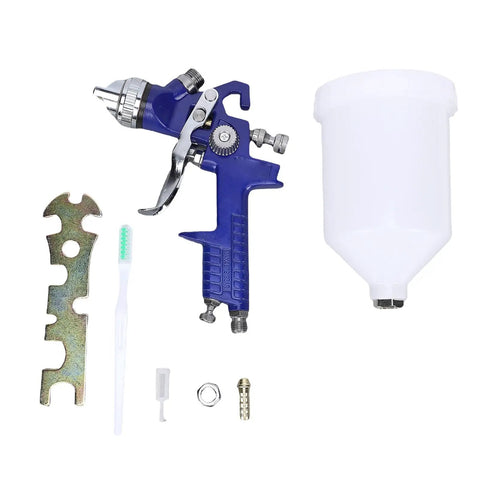 Top Tier Gravity Feed Hvlp Spray Gun With Six Hundred Cc Cup, blue spray gun, 600cc cup, and cleaning tools for automotive and woodworking coatings.