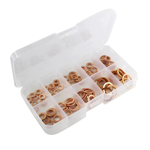 Copper Washer Gasket Nut And Bolt Set For Sump Plugs, Flat Ring Seal Assortment, 200 Piece Set Without Box in a plastic case