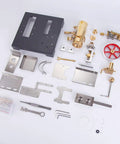 Hands On Steam Engine Model Kit With Boiler For DIY Projects, 84 piece metal components laid out for assembly with tools