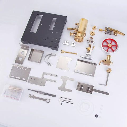 Hands On Steam Engine Model Kit With Boiler For DIY Projects, 84 piece metal components laid out for assembly with tools