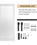 36x80 Inch Mirror Barn Door With Sliding Hardware Kit Included Full Length One Lite Mirror Door White Finish Solid Wood Core With Waterproof PVC Surface Scratch Resistant No Assembly Required package contents display.
