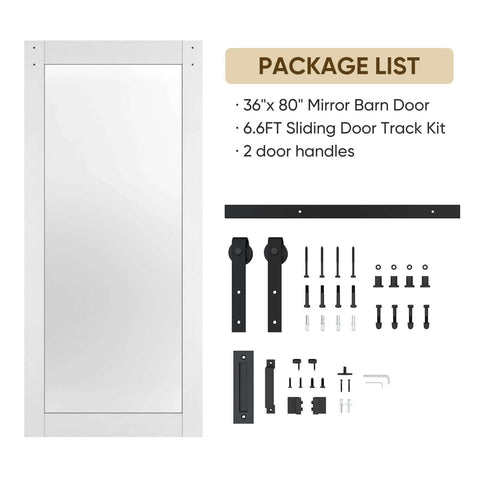 36x80 Inch Mirror Barn Door With Sliding Hardware Kit Included Full Length One Lite Mirror Door White Finish Solid Wood Core With Waterproof PVC Surface Scratch Resistant No Assembly Required package contents display.