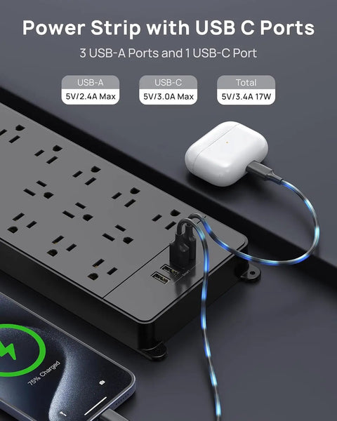 Beefed Up Power Strip Surge Protector With 10 Foot Cord And USB Ports 4000 Joules ETL Listed 13 Widely Spaced Outlets, charging devices.