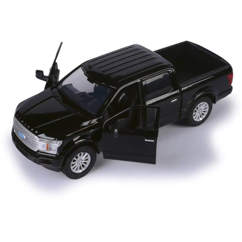 Ford F-150 Limited Crew Cab Diecast Model Truck Black 1:24 Scale Collectible By Motormax 79364 with open doors, side view