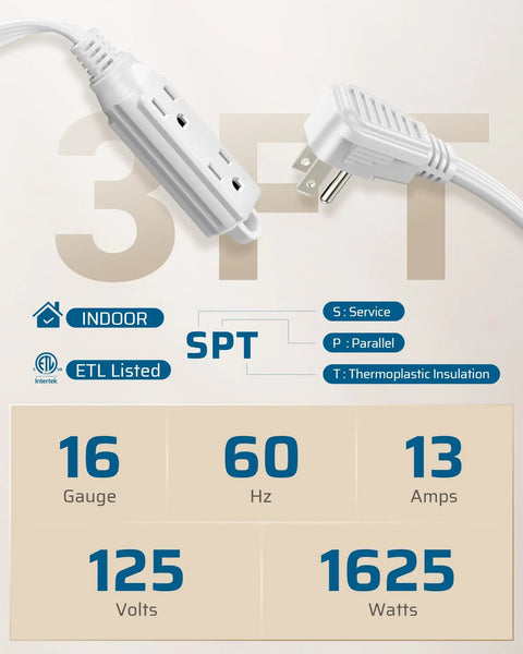 Three Outlet Extension Cord With Flat Plug For Indoor Use Three Foot Length Sixteen Gauge Three Conductor Grounded Power Cable SPT Three Cord White ETL Listed Two Pack No Fuss Setup