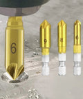 Three Piece Countersink Drill Bit Set Gold Coated Heavy Duty Bits In 12Mm 16Mm And 19Mm Sizes showing tips with size markings.