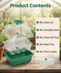 10 Pack Seed Starter Tray Kit With Humidity Dome shown with clear lids, cell trays, and plant labels on a wooden table.