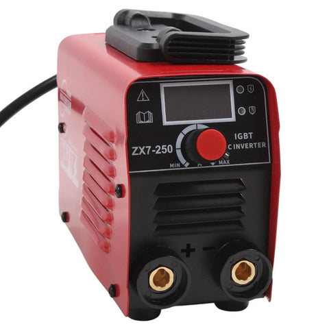 Front view of a red 250A Inverter Arc Welder Portable Welding Machine for Steel Stainless Steel and Copper