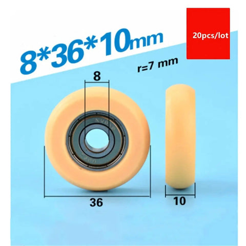 Rock Solid 20 Pack Circular Arc Plastic Coated 608ZZ Roller Bearings, 8*36*10mm size, suitable for DIY builds and heavy duty use.