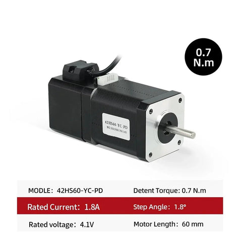 Side view of 42HS60-YC-PD two-phase, four-lead stepper motor, 60 mm length, 0.7 N·m detent torque, with connector.