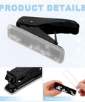 Heavy Duty One Hole Paper Punch, ergonomic non-slip grip, black, showing safety lock, debris storage, 6mm hole punch, 3 pack set