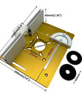 Heavy Duty Aluminum Router Table Insert Plate With Precision Center Bushing For Rock Solid Professional Woodworking Milling and Slick Flip Board Trimming Shop Rig showing dimensions and bushing accessories.