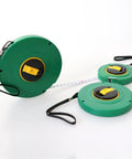 Heavy Duty Measuring Wheel With Rock Solid Steel Tape Roll, showing three green measuring wheels with yellow fasteners.