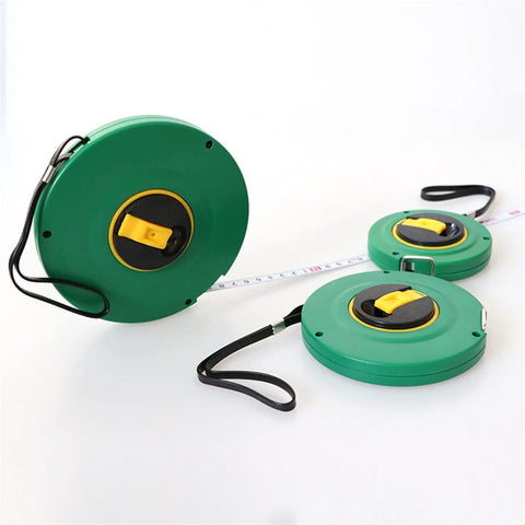 Heavy Duty Measuring Wheel With Rock Solid Steel Tape Roll, showing three green measuring wheels with yellow fasteners.