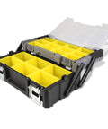 18 Inch Cantilever Tool Box Organizer With Removable Trays Portable Plastic Case open, showing yellow removable bins and clear lid
